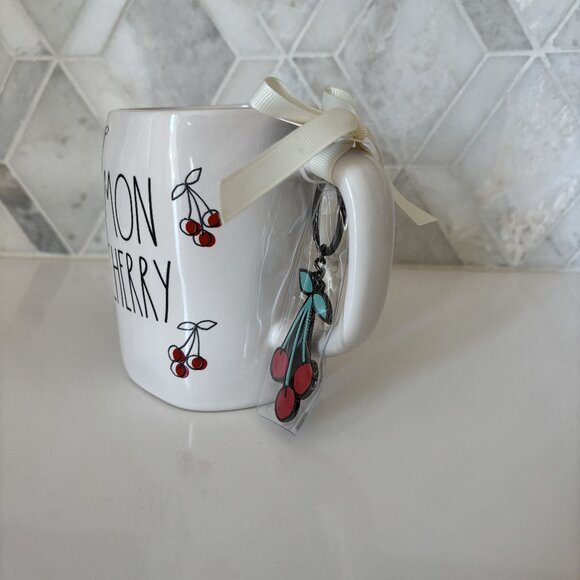 Rae Dunn Mon Cherry Cherries White Mug with Keychain Brand New - Picture 3 of 11